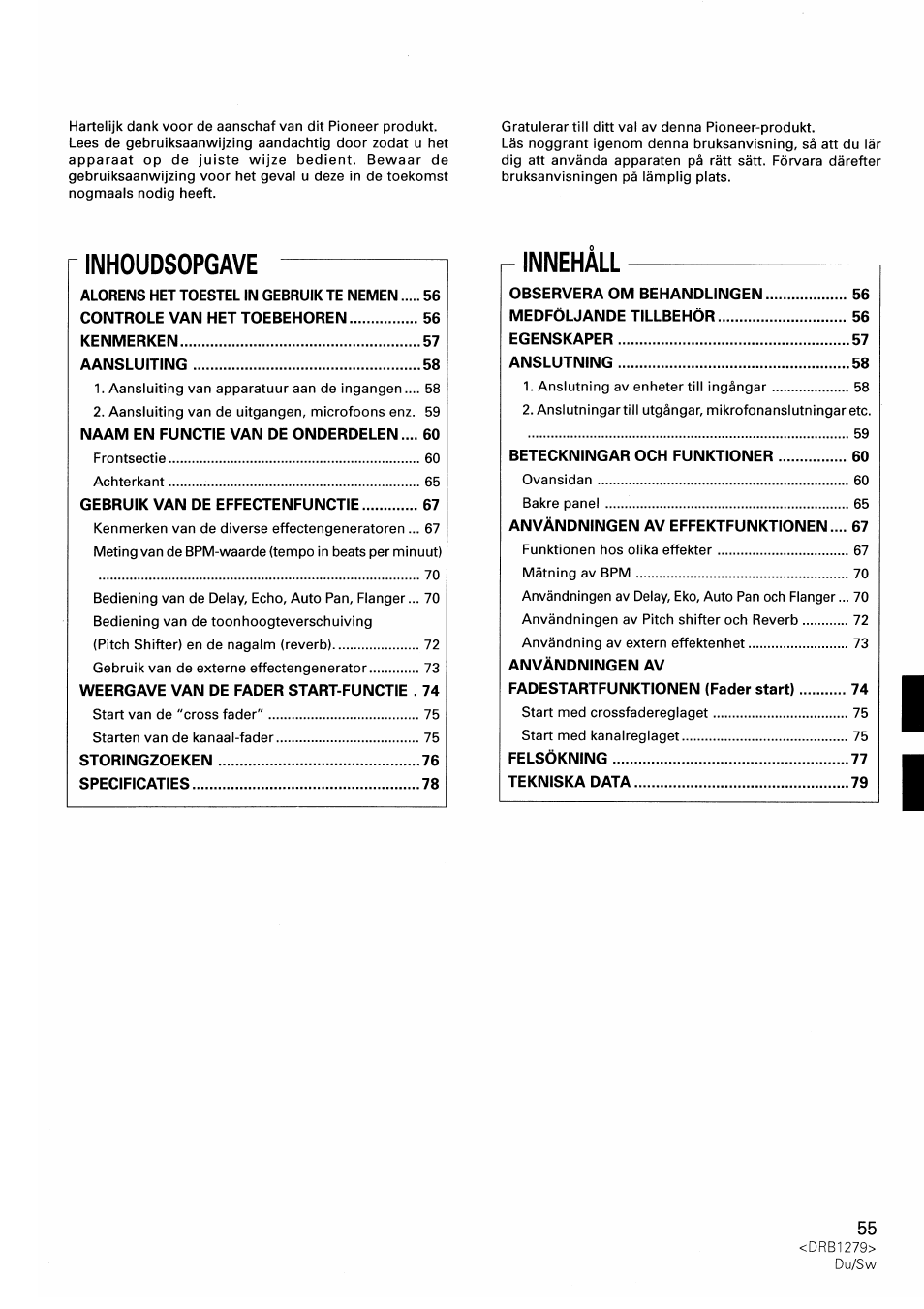 Inhoudsopgave, Innehâll | Pioneer DJM-500 User Manual | Page 55 / 108
