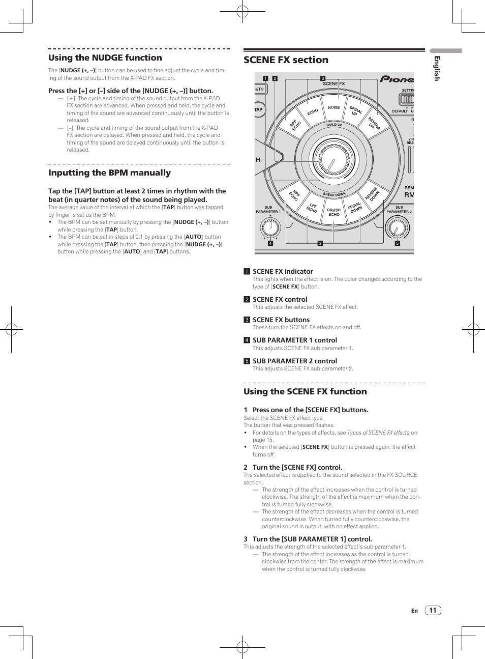 Scene fx section, Using the nudge function, Inputting the bpm manually | Using the scene fx function | Pioneer RMX-1000-M User Manual | Page 11 / 76