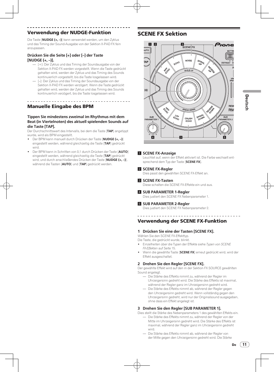 Scene fx sektion, Verwendung der nudge-funktion, Manuelle eingabe des bpm | Verwendung der scene fx-funktion | Pioneer RMX-1000-M User Manual | Page 59 / 76