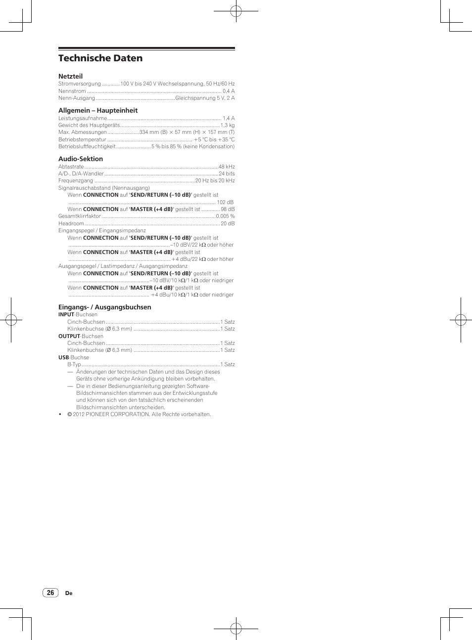 Technische daten | Pioneer RMX-1000-M User Manual | Page 74 / 76