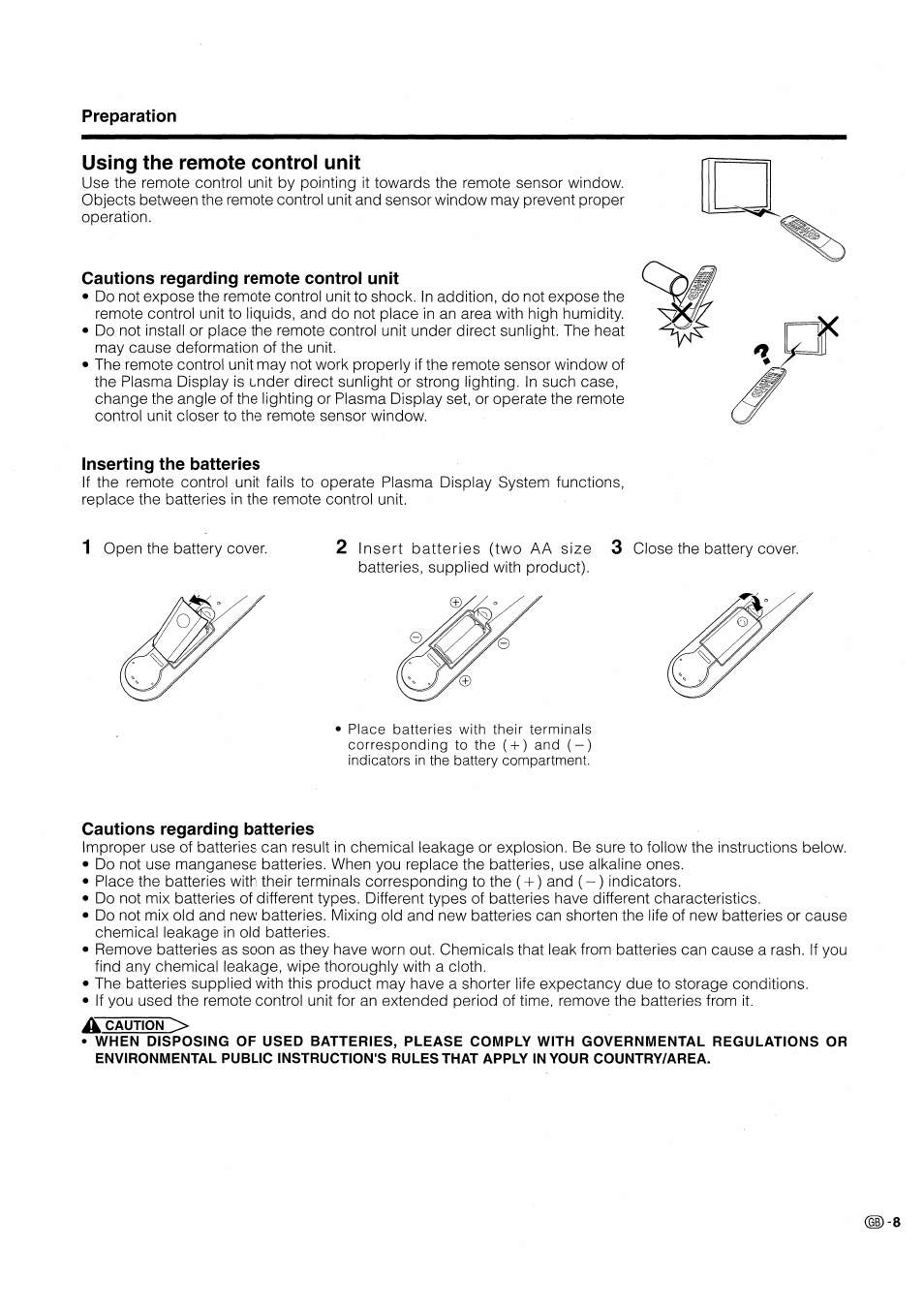 Using the remote control unit, Cautions regarding remote control unit, Inserting the batteries | Cautions regarding batteries | Pioneer PDP-503HDE User Manual | Page 11 / 196