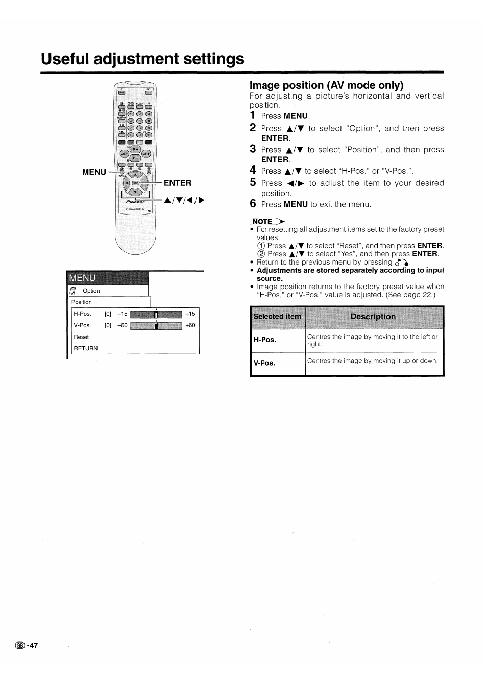 Useful adjustment settings, Image position (av mode only), 1 press menu | 2 press to select “option”, and then press enter, 4 press a/t to select “h-pos.” or “v-pos, 6 press menu to exit the menu | Pioneer PDP-503HDE User Manual | Page 50 / 196