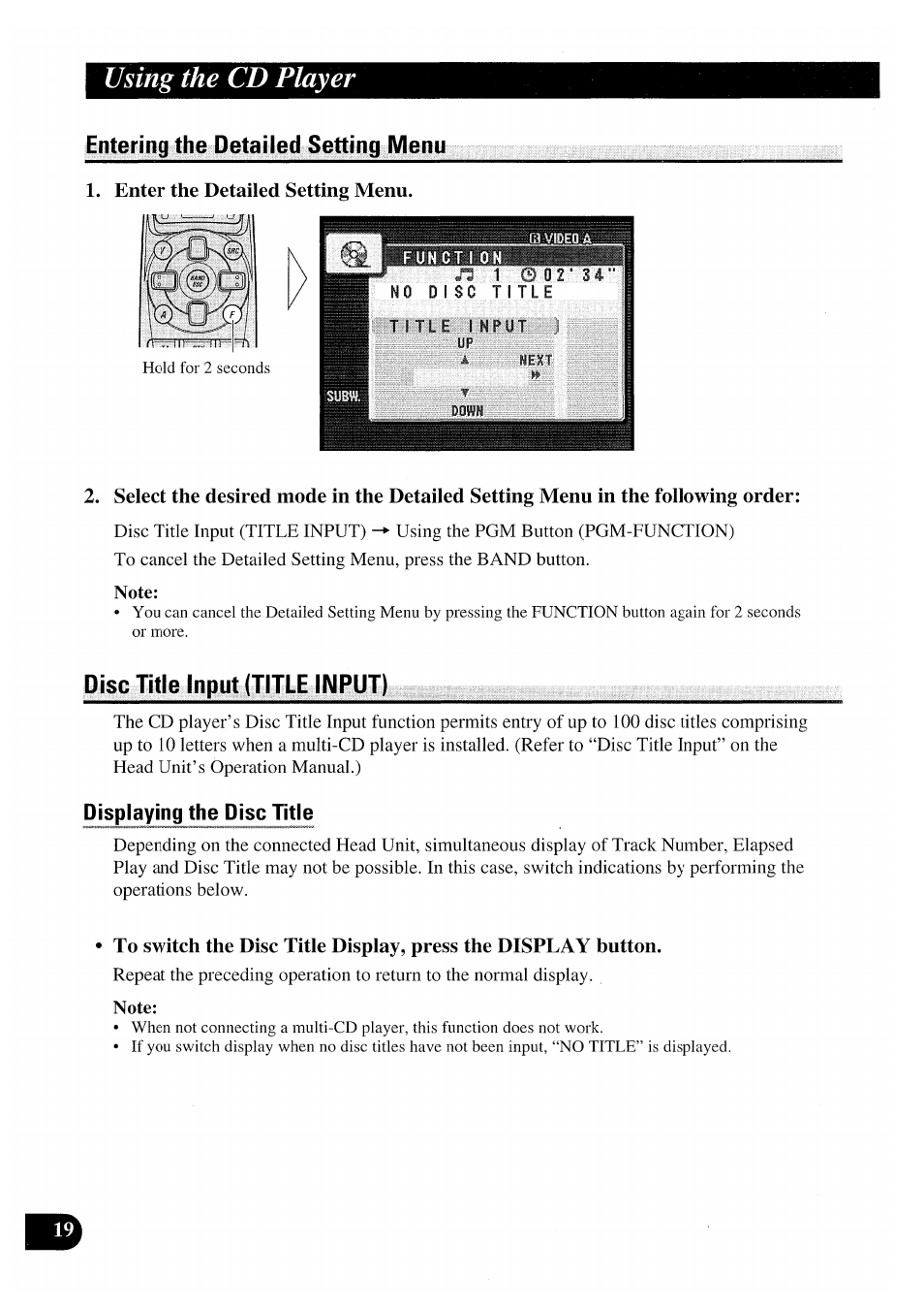 Entering the detailed setting menu, Enter the detailed setting menu, Note | Disc title input (title input), Using the cd player | Pioneer AVX-P7000CD User Manual | Page 20 / 80