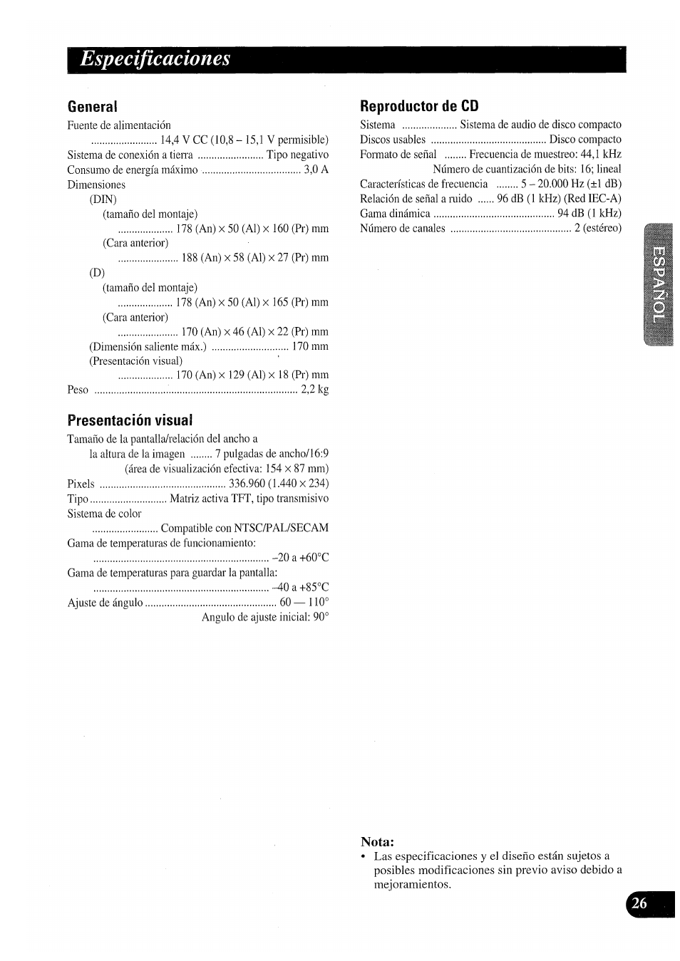 Especificaciones, Nota | Pioneer AVX-P7000CD User Manual | Page 53 / 80