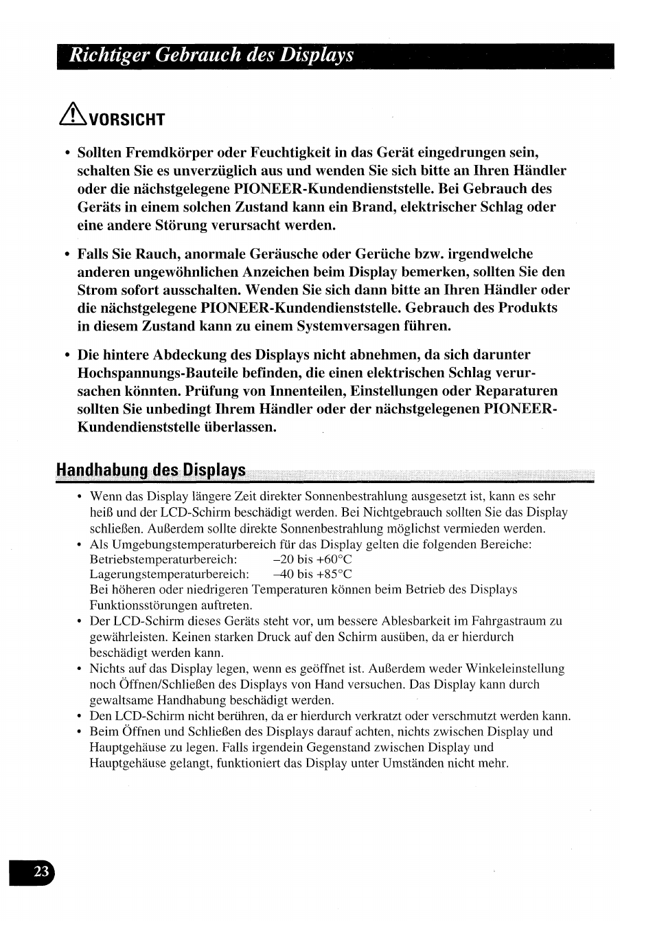 Handhabung des displays, Richtiger gebrauch des displays | Pioneer AVX-P7000CD User Manual | Page 76 / 80