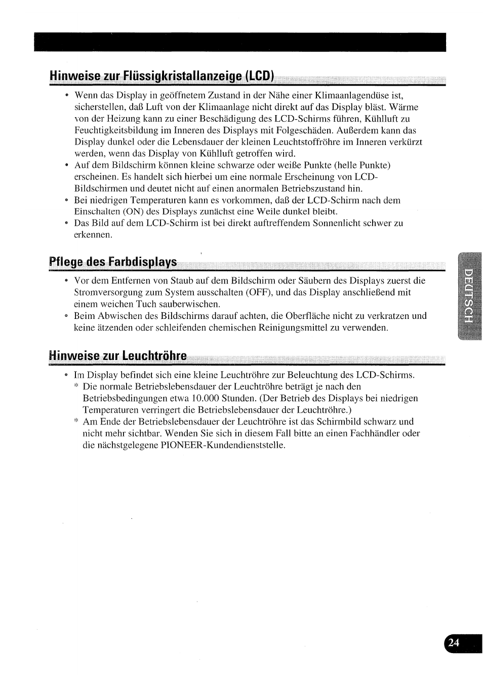 Hinweise zur flüssigkristallanzeige (lcd), Pflege des farbdisplays, Hinweise zur leuchtröhre | Pioneer AVX-P7000CD User Manual | Page 77 / 80