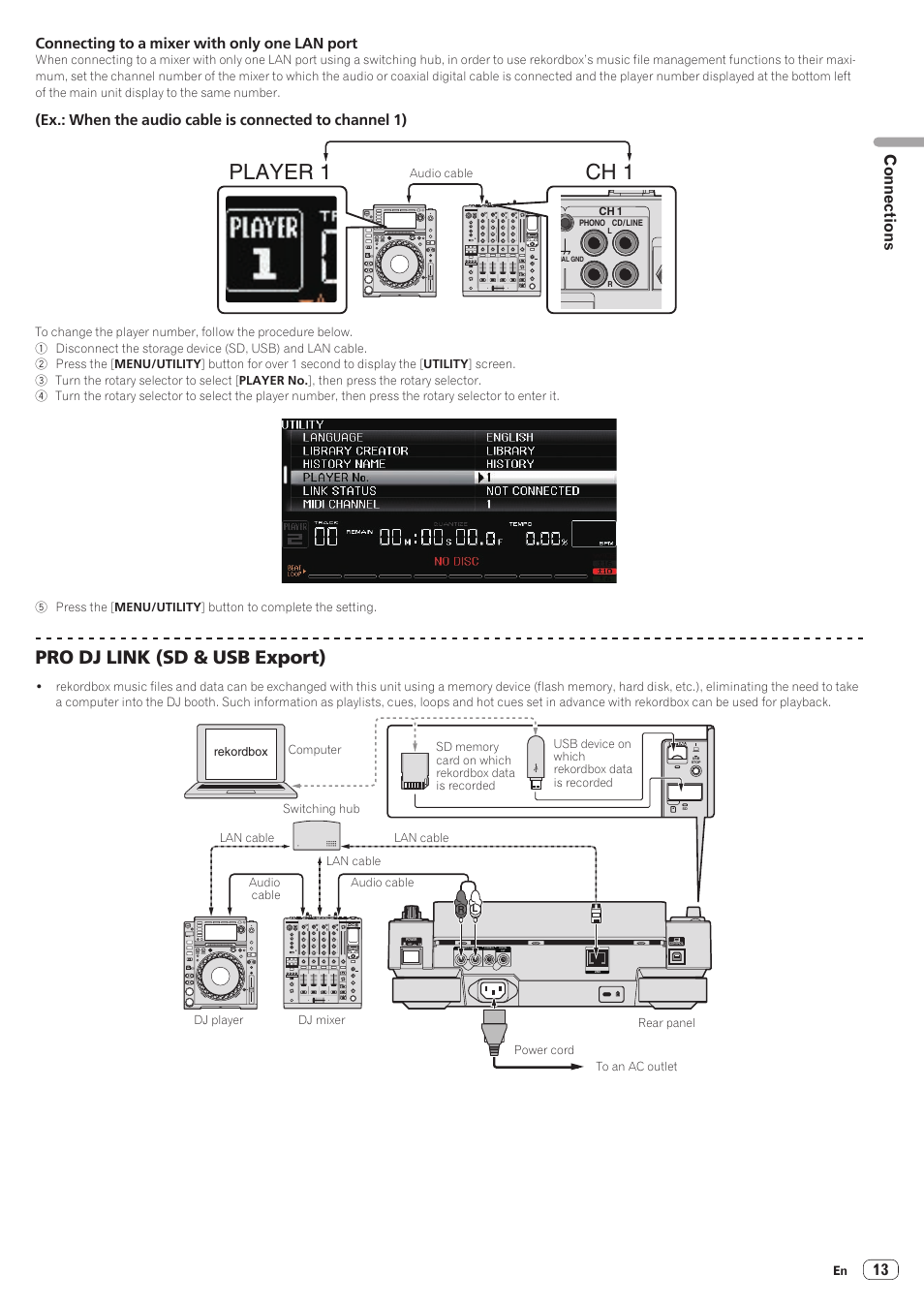 Player 1 ch 1, Pro dj link (sd & usb export), Connections | Connecting to a mixer with only one lan port | Pioneer CDJ-2000NXS User Manual | Page 13 / 47