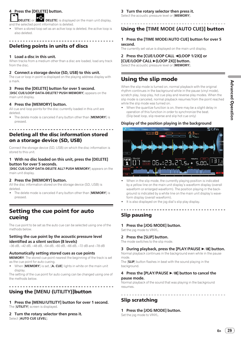 Setting the cue point for auto cueing, Using the slip mode, Deleting points in units of discs | Using the [menu (utility)]button, Using the [time mode (auto cue)] button, Slip pausing, Slip scratching | Pioneer CDJ-2000NXS User Manual | Page 29 / 47