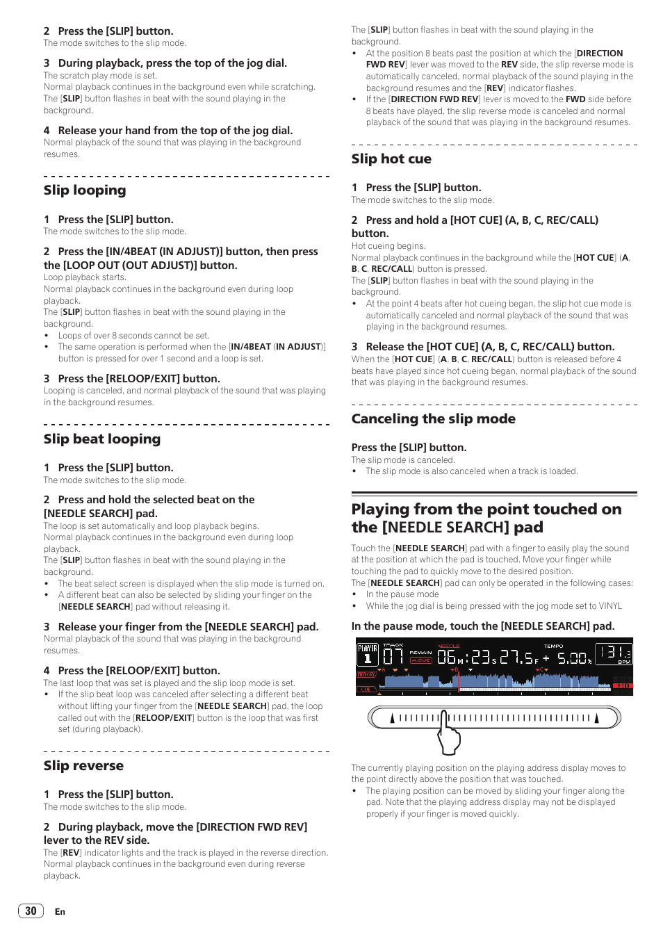 Slip looping, Slip beat looping, Slip reverse | Slip hot cue, Canceling the slip mode | Pioneer CDJ-2000NXS User Manual | Page 30 / 47