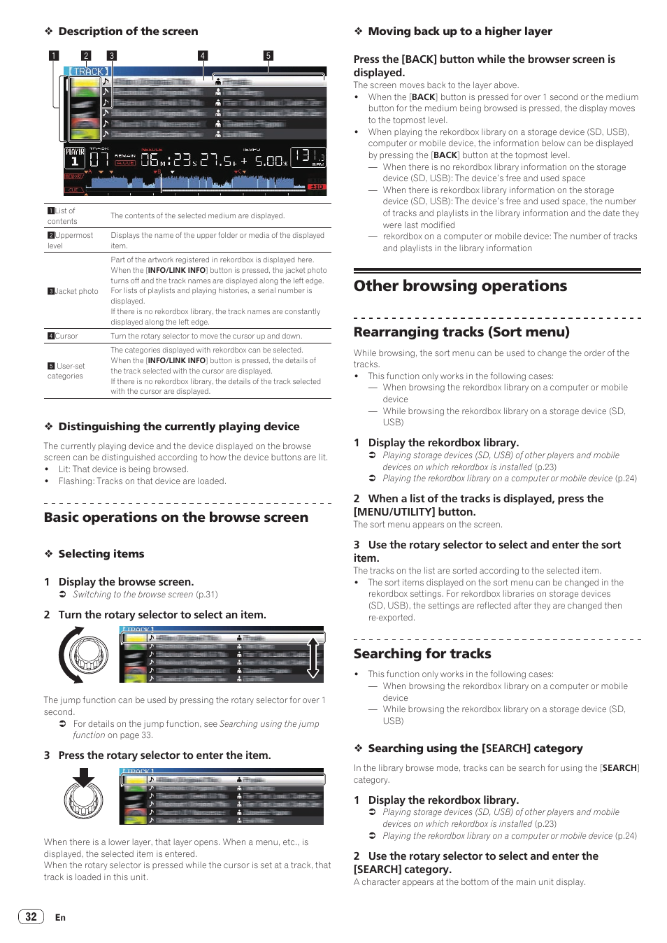 Other browsing operations, Basic operations on the browse screen, Rearranging tracks (sort menu) | Searching for tracks | Pioneer CDJ-2000NXS User Manual | Page 32 / 47