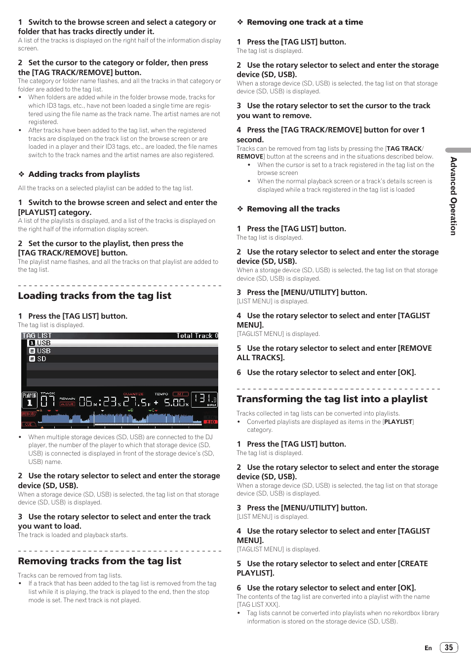 Loading tracks from the tag list, Removing tracks from the tag list, Transforming the tag list into a playlist | Pioneer CDJ-2000NXS User Manual | Page 35 / 47