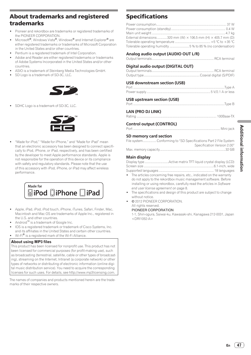 About trademarks and registered trademarks, Specifications | Pioneer CDJ-2000NXS User Manual | Page 47 / 47