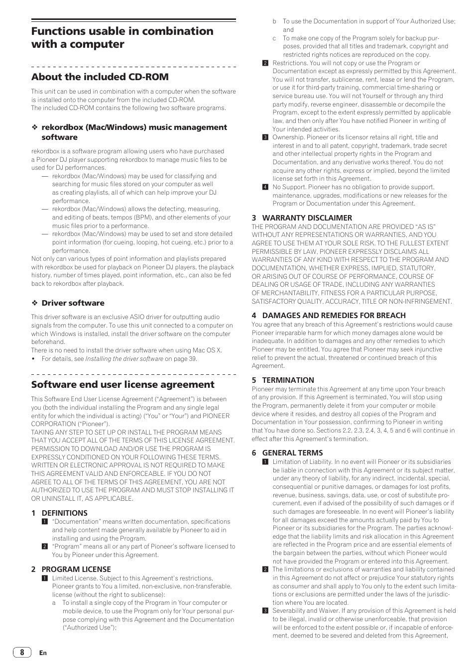 Functions usable in combination with a computer, About the included cd-rom, Software end user license agreement | Pioneer CDJ-2000NXS User Manual | Page 8 / 47
