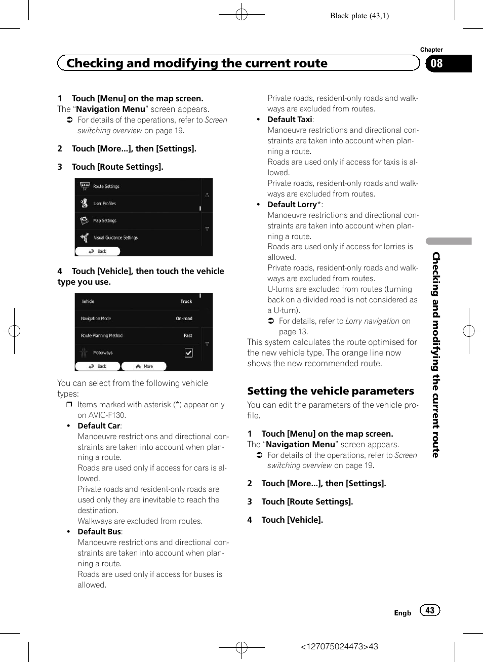 Setting the vehicle parameters 43, Checking and modifying the current route, Setting the vehicle parameters | Pioneer AVIC-F250 User Manual | Page 43 / 76