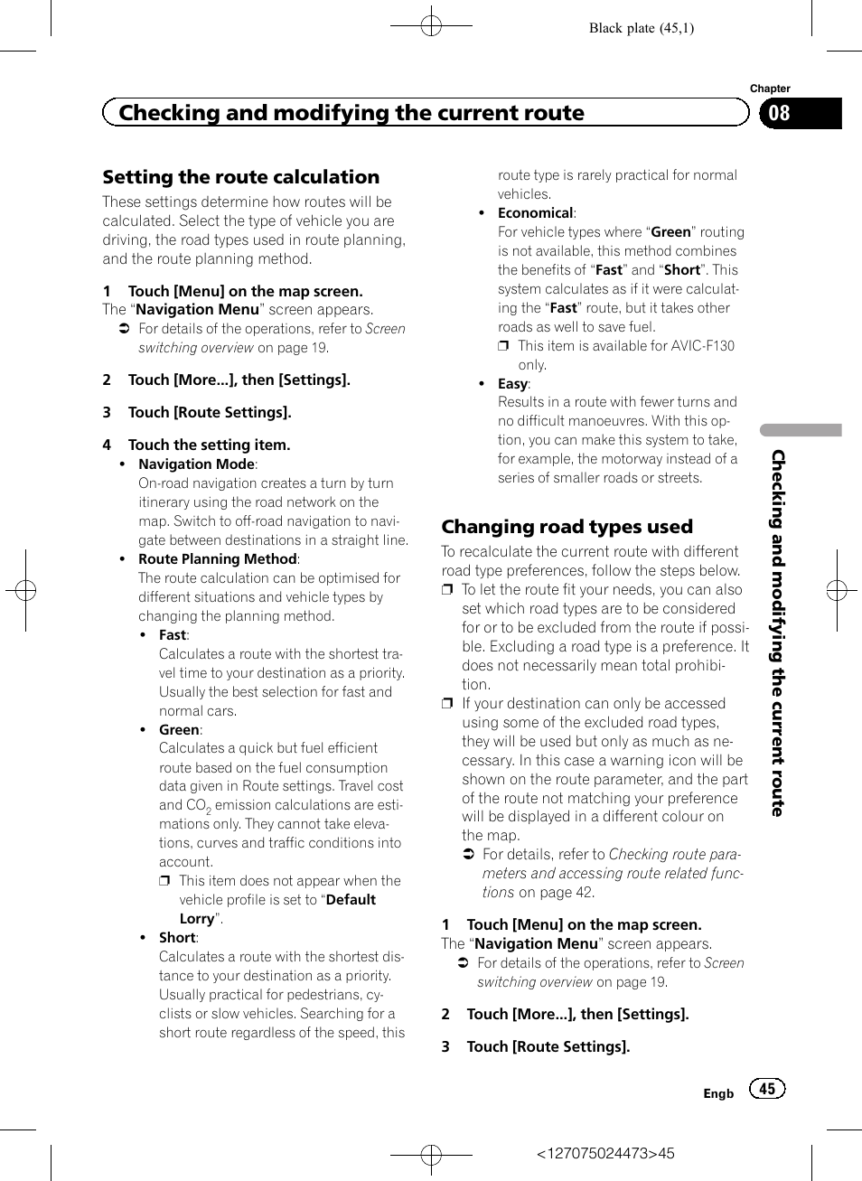 Setting the route calculation 45, Changing road types used 45, Checking and modifying the current route | Setting the route calculation, Changing road types used | Pioneer AVIC-F250 User Manual | Page 45 / 76