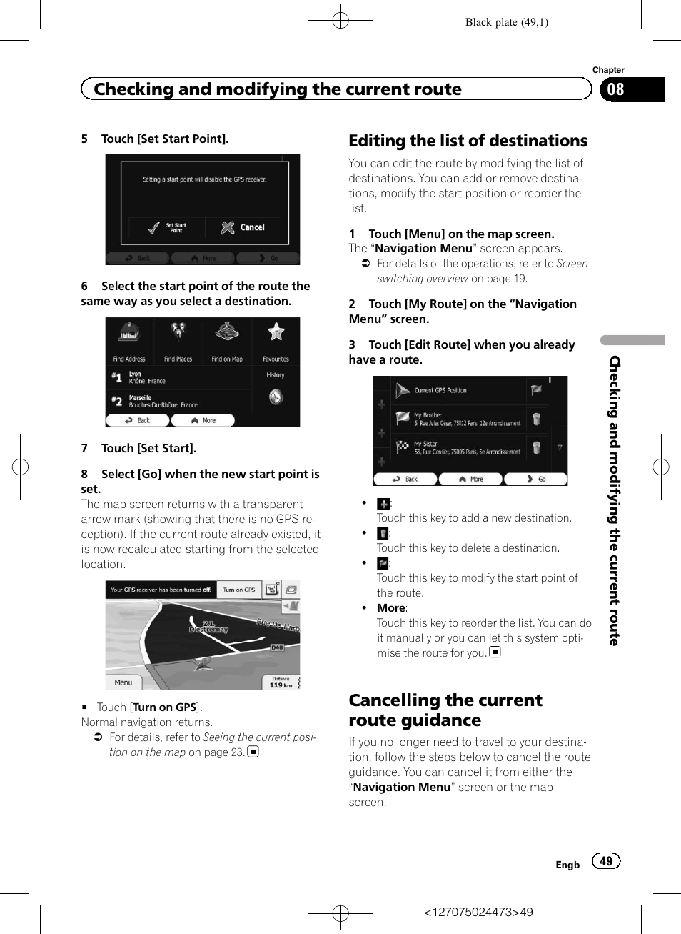 Editing the list of destinations, Cancelling the current route guidance, Checking and modifying the current route | Pioneer AVIC-F250 User Manual | Page 49 / 76