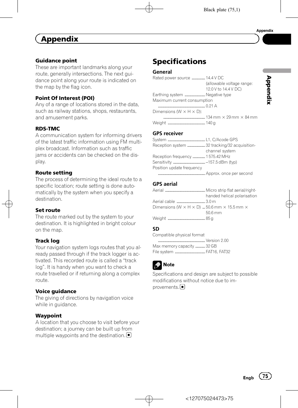 Specifications, Appendix | Pioneer AVIC-F250 User Manual | Page 75 / 76