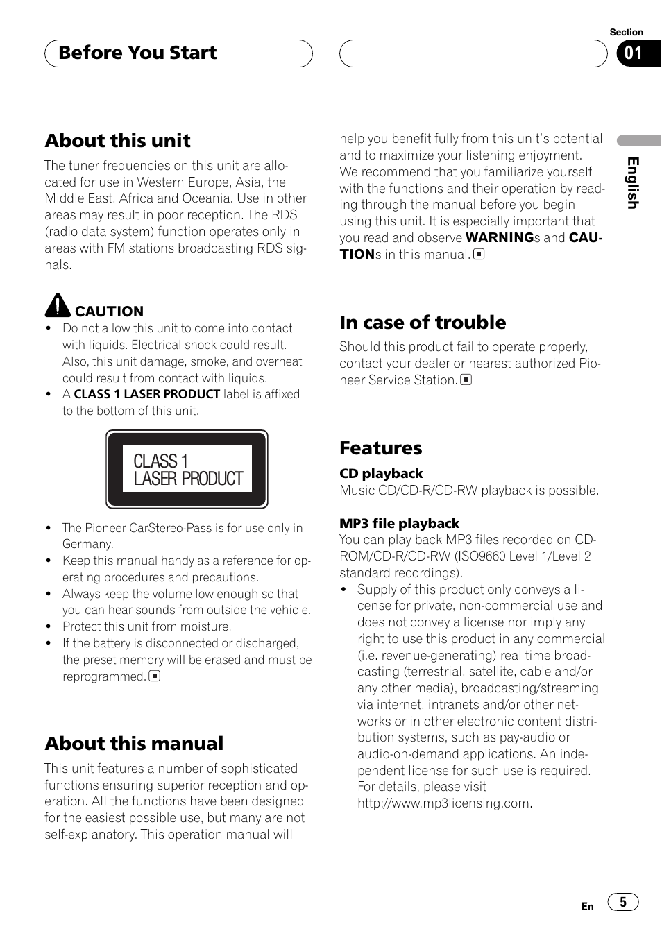 About this unit, About this manual, Features | Before you start, Class 1 laser product | Pioneer DEH-P7700MP User Manual | Page 5 / 133