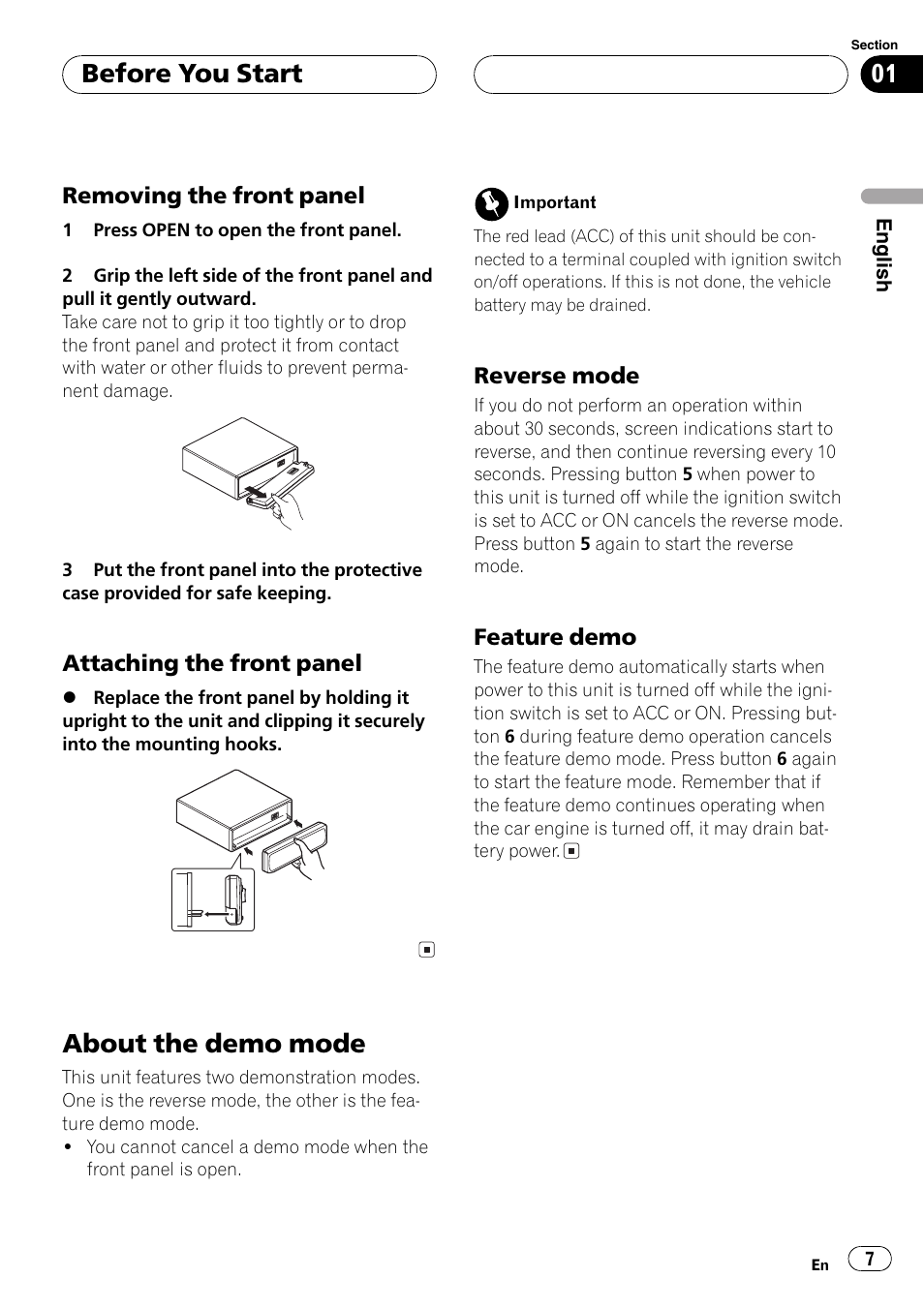 Removing the front panel 7, Attaching the front panel 7, About the demo mode 7 | Reverse mode 7, Feature demo 7, About the demo mode, Before you start | Pioneer DEH-P7700MP User Manual | Page 7 / 133