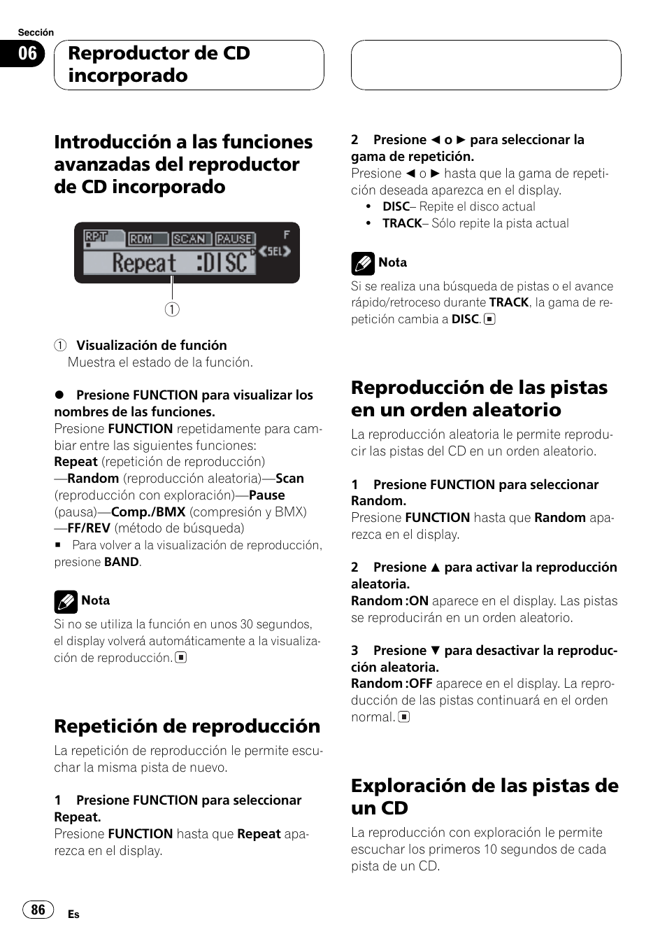 Introducción a las funciones avanzadas del, Reproductor de cd incorporado 86, Repetición de reproducción 86 | Reproducción de las pistas en un orden, Aleatorio 86, Exploración de las pistas de un cd 86, Guiente, Repetición de reproducción, Reproducción de las pistas en un orden aleatorio, Exploración de las pistas de un cd | Pioneer DEH-P7700MP User Manual | Page 86 / 133