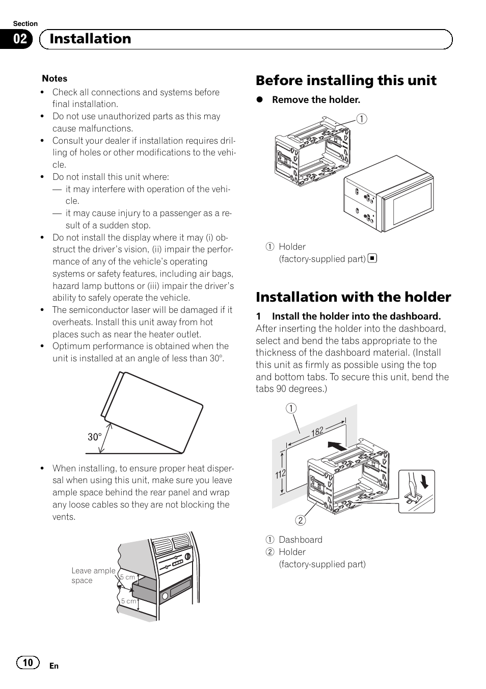 Before installing this unit, Installation with the holder, 02 installation | Pioneer AVH-1400DVD User Manual | Page 10 / 76