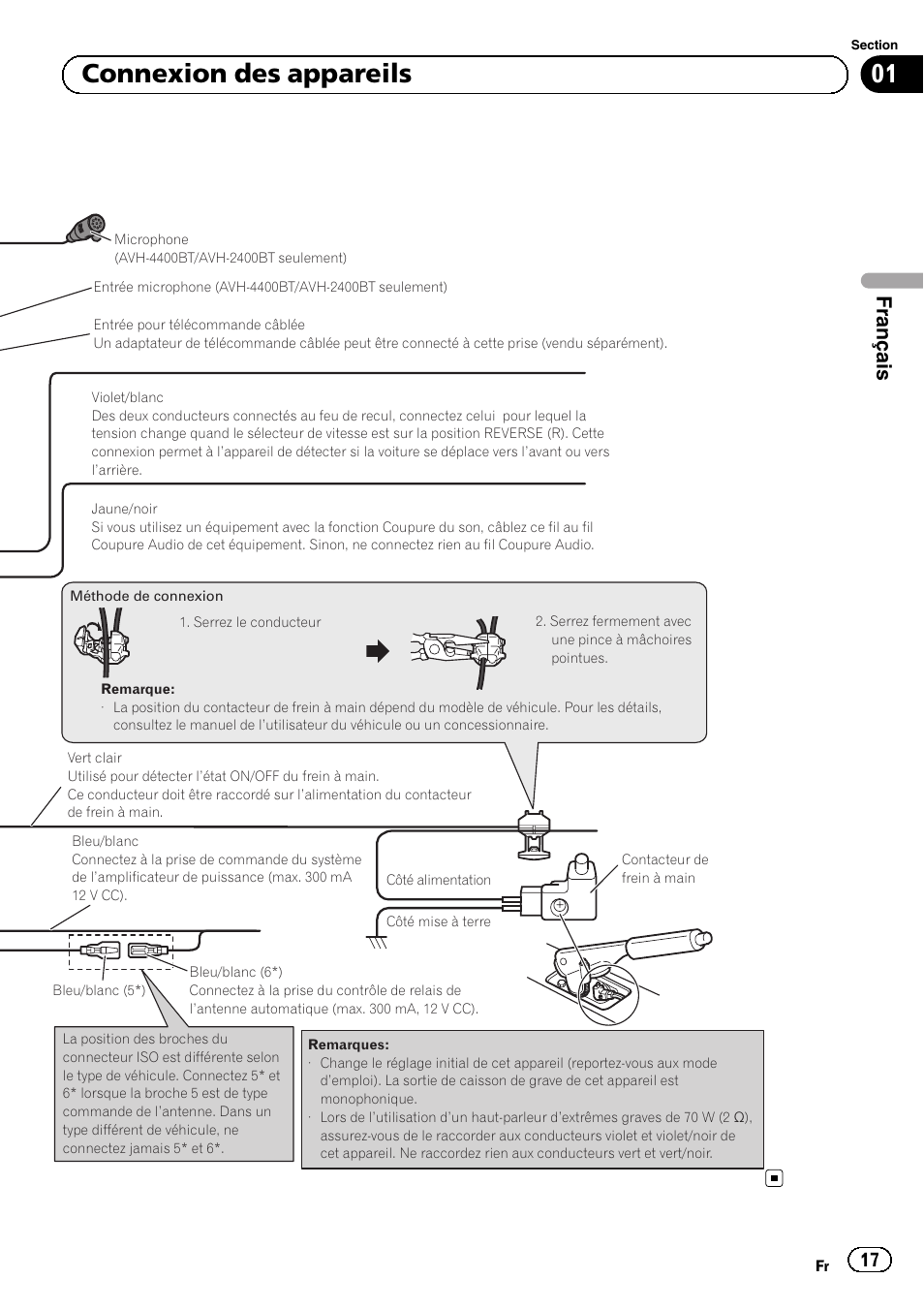01 connexion des appareils, Français | Pioneer AVH-1400DVD User Manual | Page 17 / 76