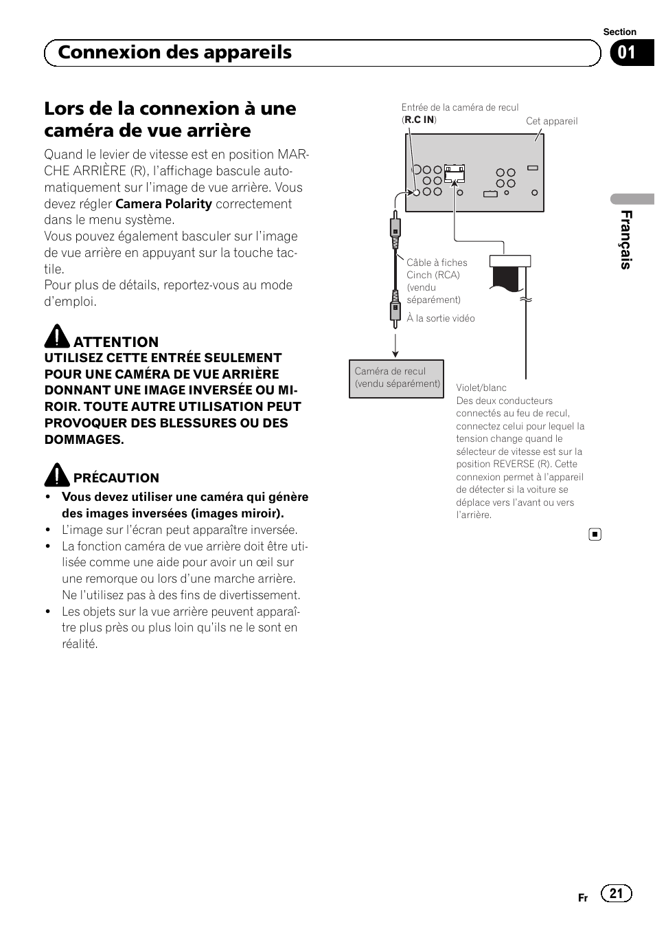 Lors de la connexion à une caméra de vue arrière, 01 connexion des appareils | Pioneer AVH-1400DVD User Manual | Page 21 / 76