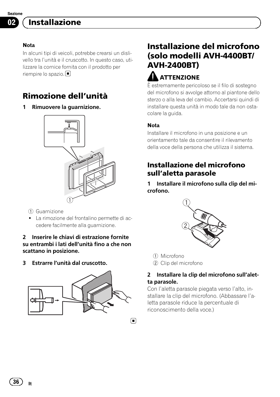 Rimozione dell ’unità, 02 installazione | Pioneer AVH-1400DVD User Manual | Page 36 / 76