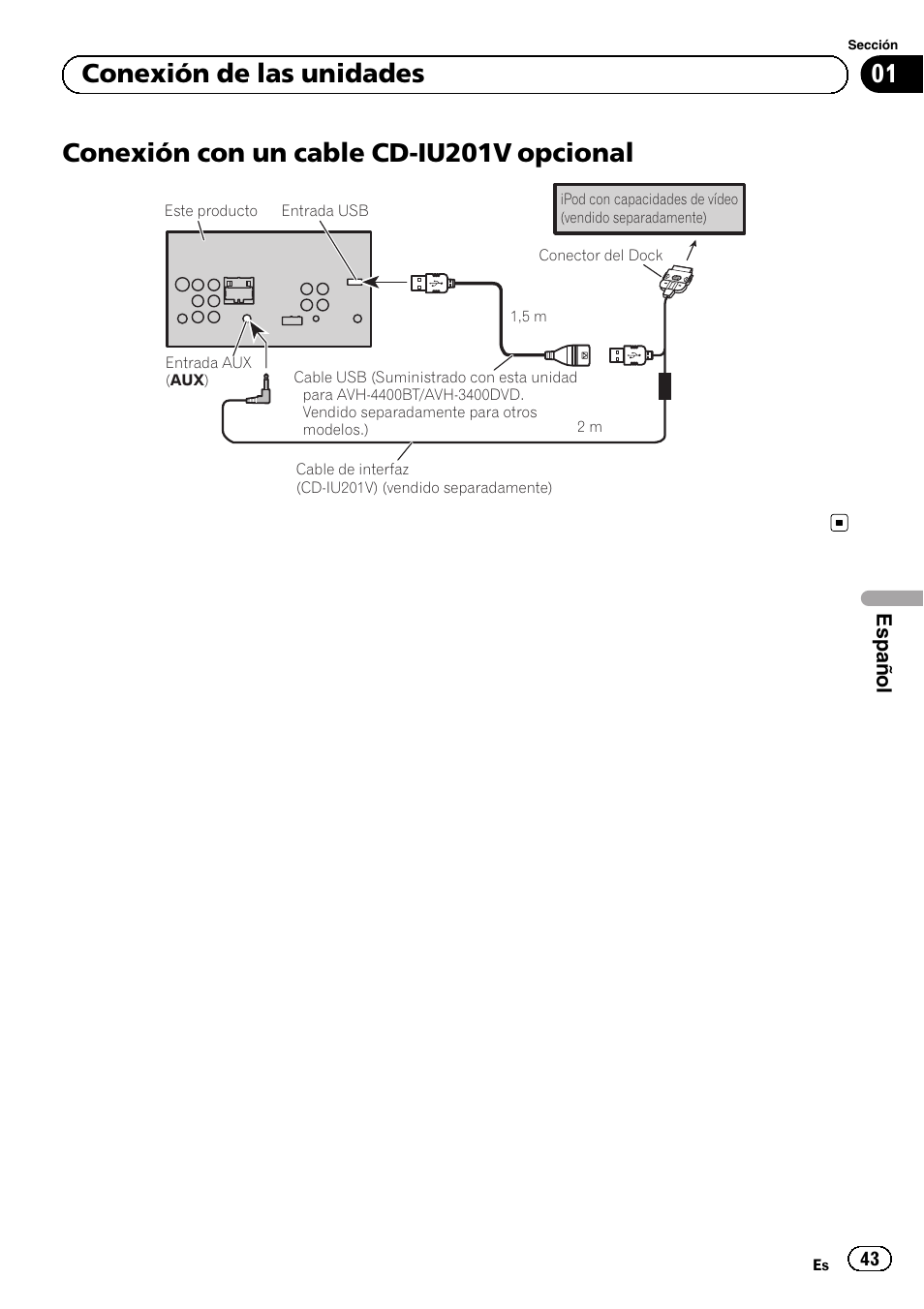 Conexión con un cable cd-iu201v opcional, 01 conexión de las unidades | Pioneer AVH-1400DVD User Manual | Page 43 / 76