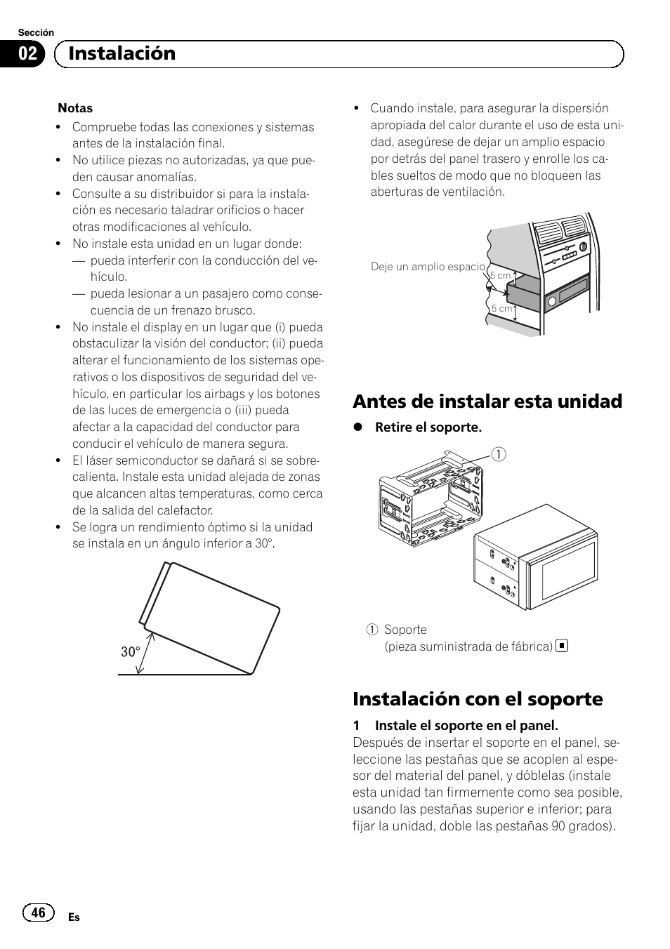 Antes de instalar esta unidad, Instalación con el soporte, 02 instalación | Pioneer AVH-1400DVD User Manual | Page 46 / 76
