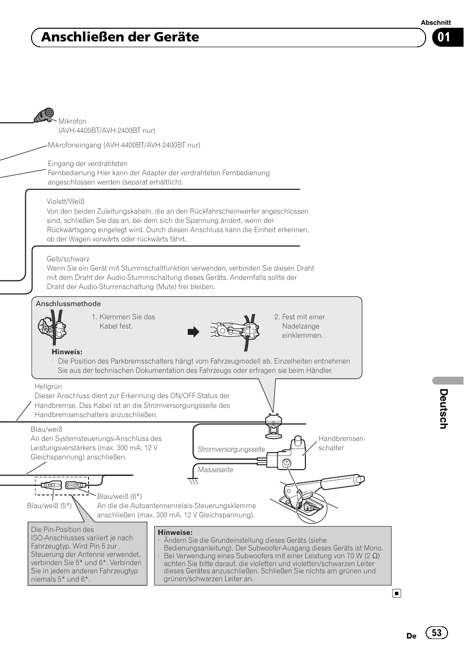 01 anschließen der geräte, Deutsch | Pioneer AVH-1400DVD User Manual | Page 53 / 76