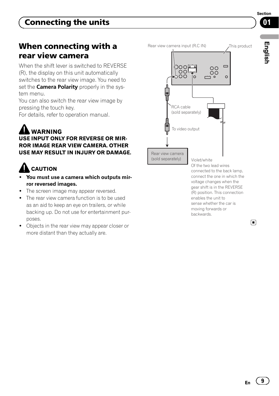 When connecting with a rear view camera, 01 connecting the units | Pioneer AVH-1400DVD User Manual | Page 9 / 76