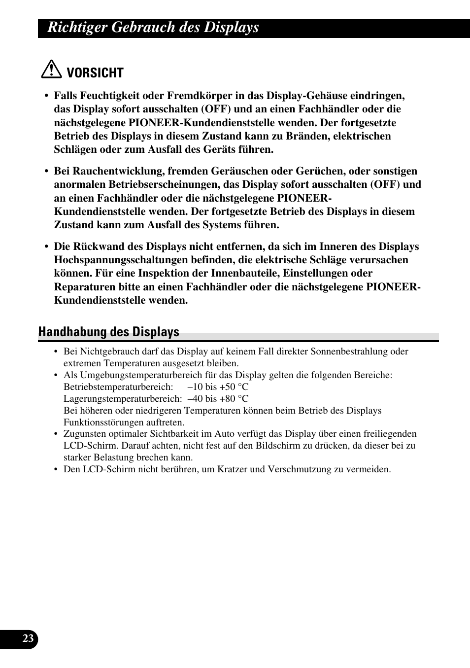 Richtiger gebrauch des displays, Handhabung des displays, Vorsicht | Pioneer AVR-W6100 User Manual | Page 92 / 104