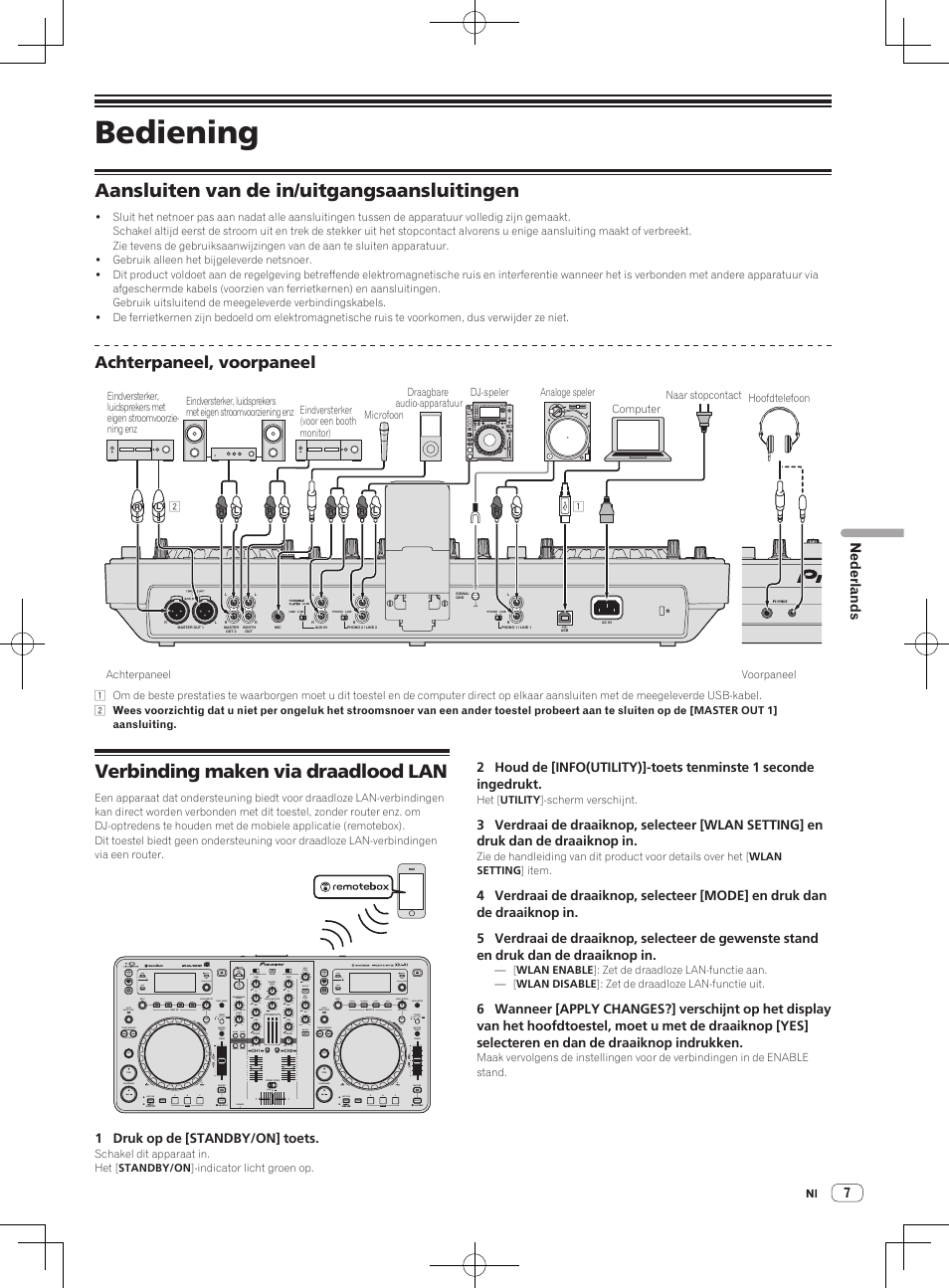 Bediening, Aansluiten van de in/uitgangsaansluitingen, Verbinding maken via draadlood lan | Achterpaneel, voorpaneel | Pioneer XDJ-R1 User Manual | Page 47 / 84