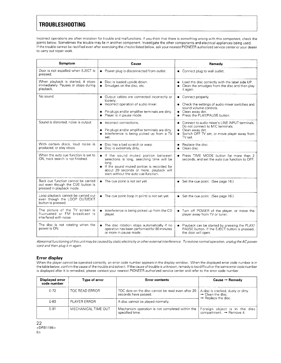 Troubleshooting, Error display | Pioneer CDJ-500II User Manual | Page 22 / 91