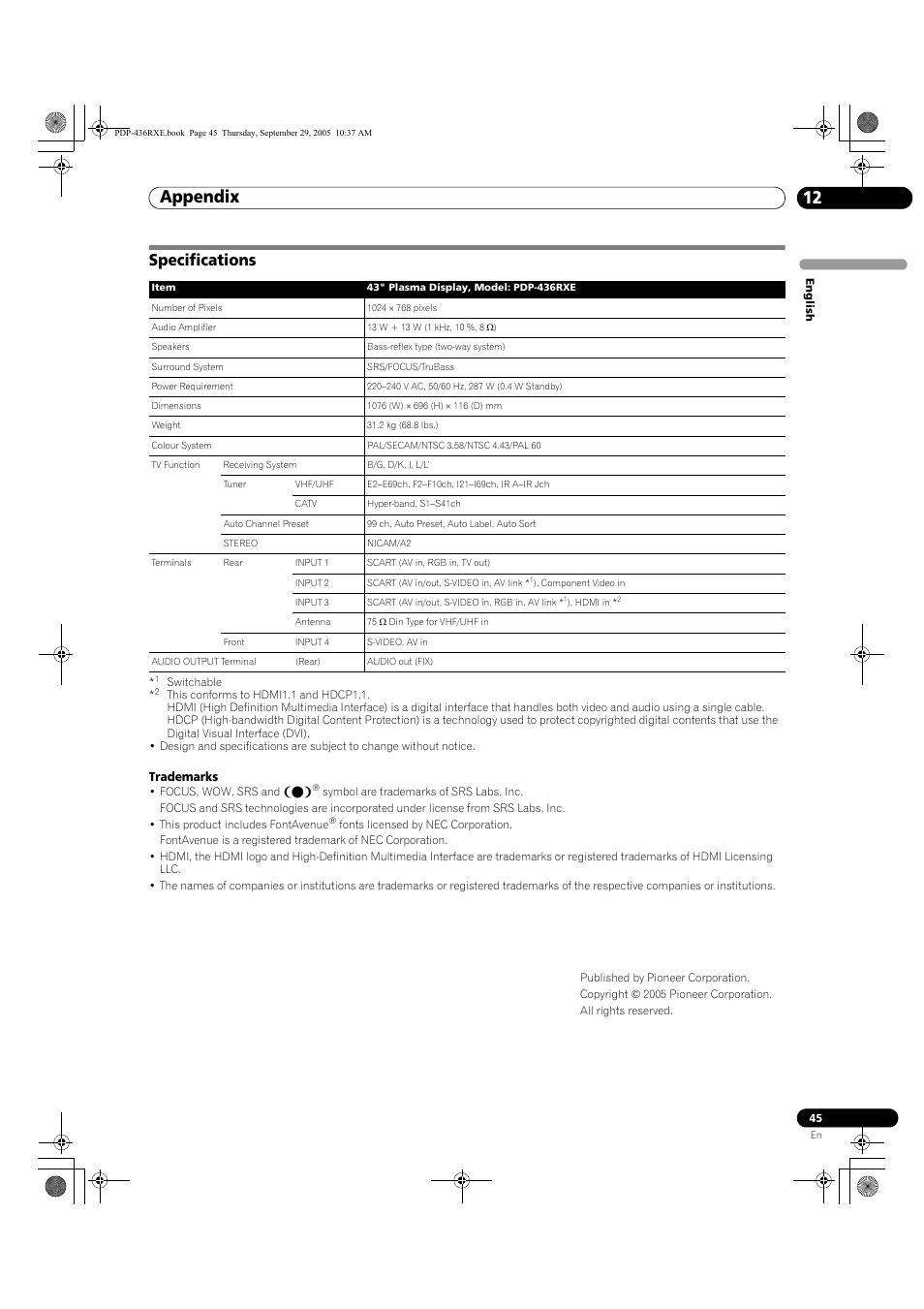 Specifications, Appendix 12 | Pioneer PDP-436RXE User Manual | Page 45 / 134