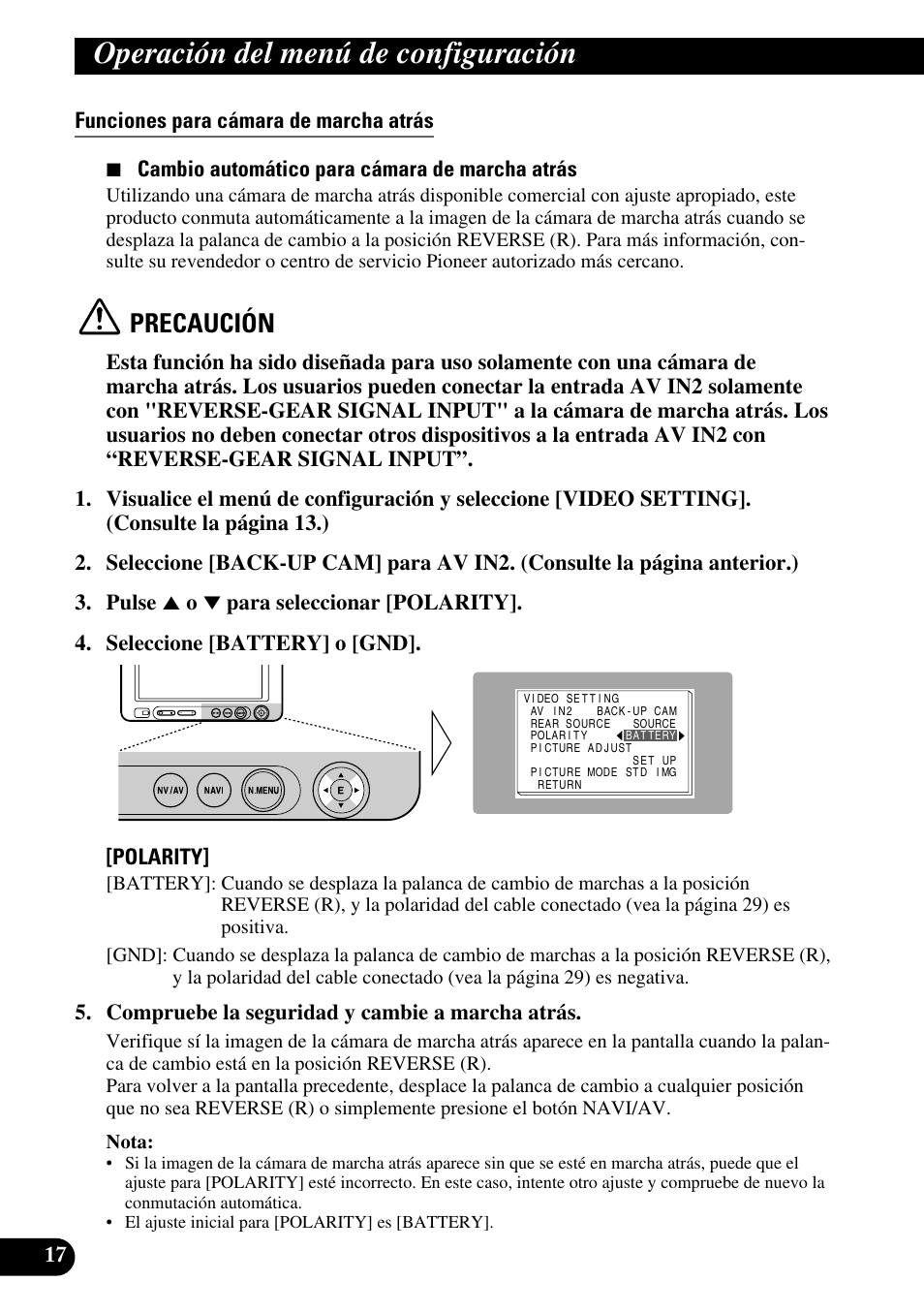 Funciones para cámara de marcha atrás, Operación del menú de configuración, Precaución | Pioneer AVD-W6210 User Manual | Page 54 / 112