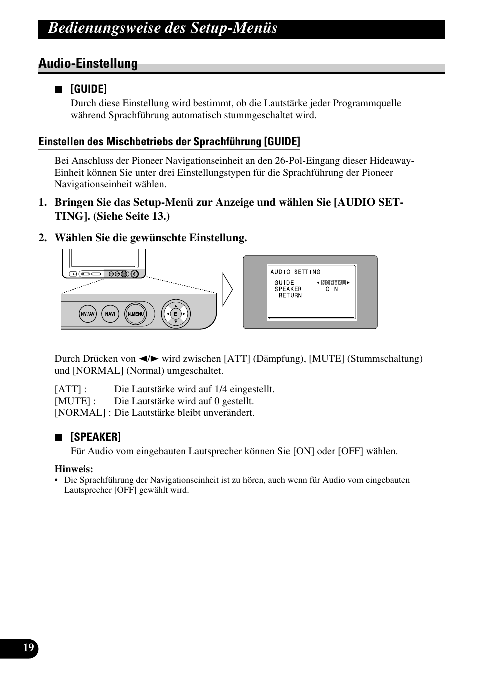 Audio-einstellung, Bedienungsweise des setup-menüs | Pioneer AVD-W6210 User Manual | Page 92 / 112