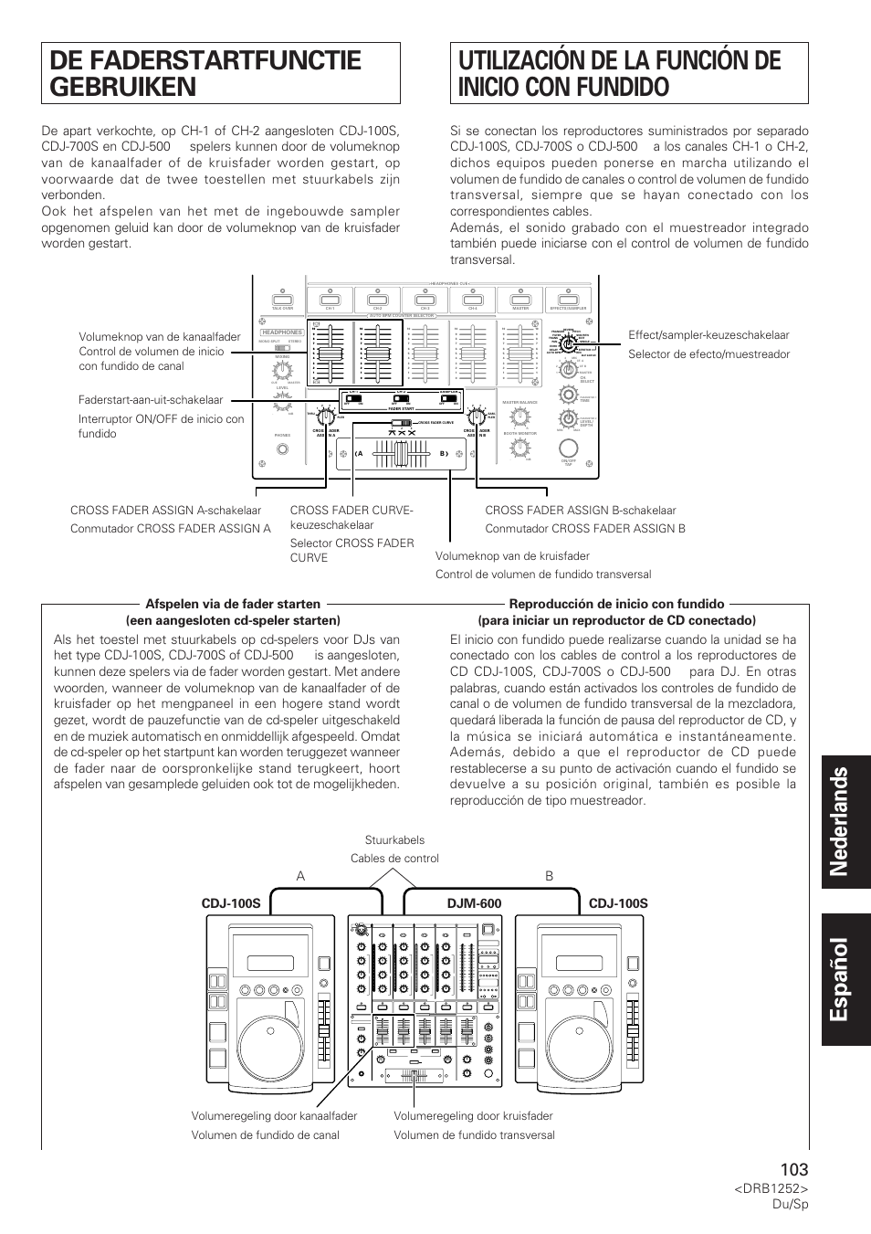 De faderstartfunctie gebruiken, Utilización de la función de inicio con fundido, Nederlands español | Drb1252> du/sp, Stuurkabels cables de control | Pioneer DJM-600 User Manual | Page 103 / 110