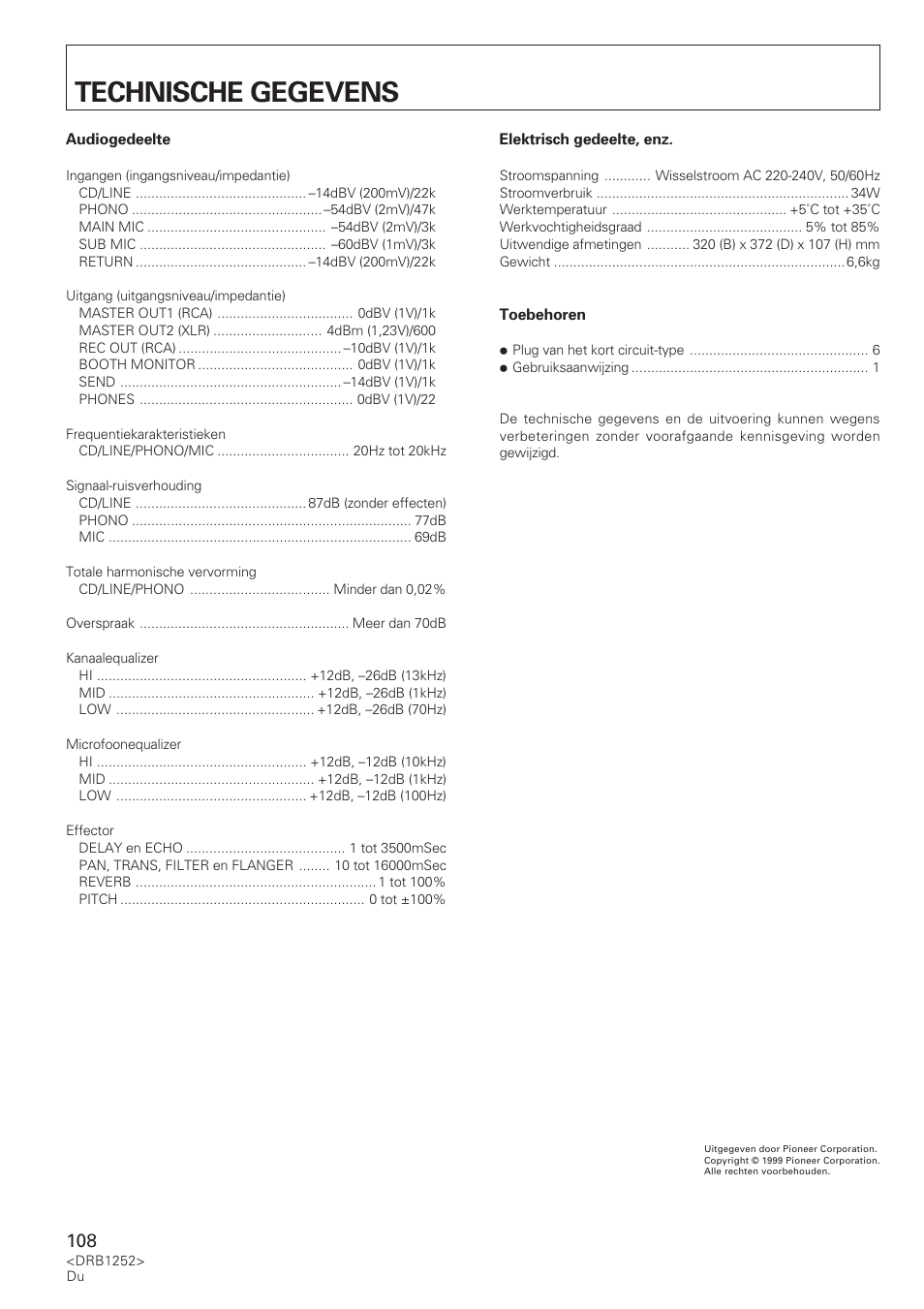 Technische gegevens | Pioneer DJM-600 User Manual | Page 108 / 110