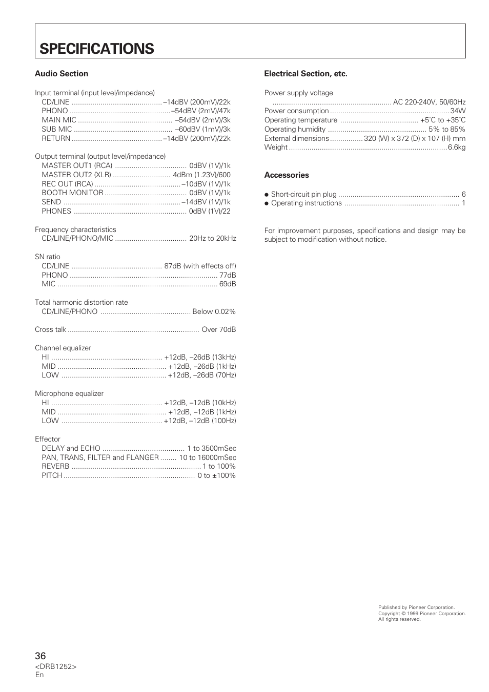 Specifications | Pioneer DJM-600 User Manual | Page 36 / 110
