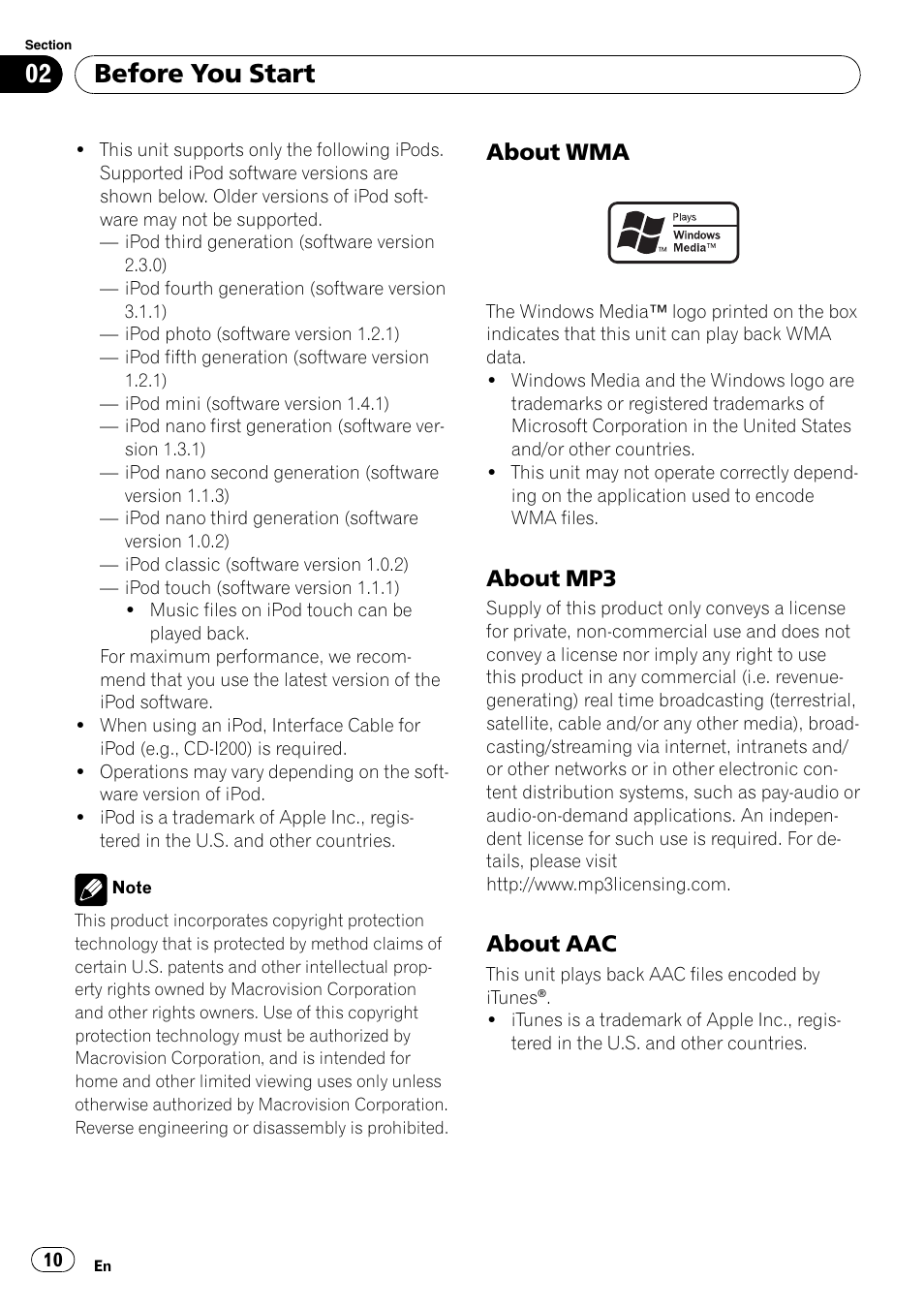 About wma 10, About mp3 10, About aac 10 | Before you start, About wma, About mp3, About aac | Pioneer AVH-P4000DVD User Manual | Page 10 / 96