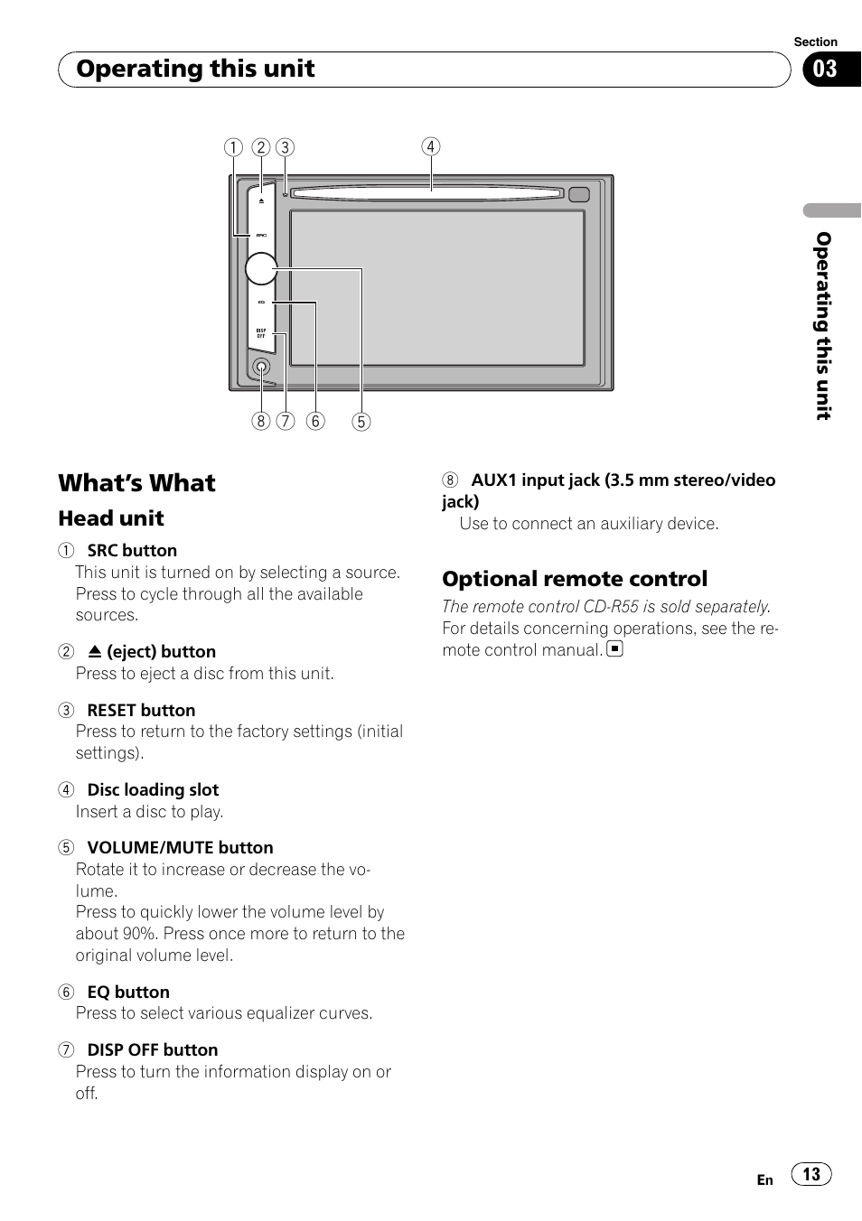 Operating this unit what, S what 13, Head unit 13 | Optional remote control 13, What ’s what, Operating this unit | Pioneer AVH-P4000DVD User Manual | Page 13 / 96