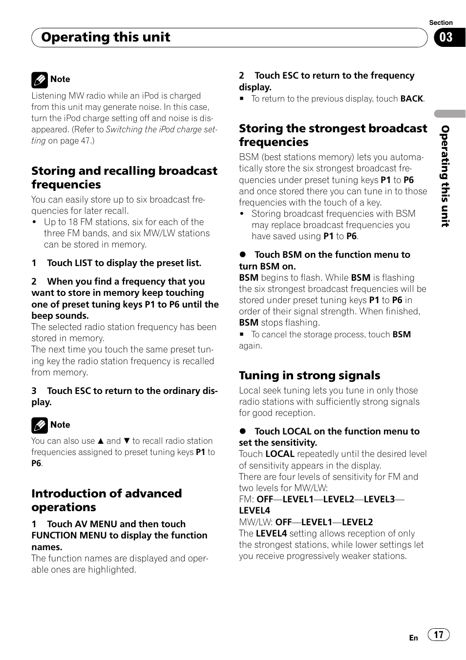 Storing and recalling broadcast, Frequencies, Introduction of advanced | Operations, Storing the strongest broadcast, Tuning in strong signals 17, Operating this unit, Storing and recalling broadcast frequencies, Introduction of advanced operations, Storing the strongest broadcast frequencies | Pioneer AVH-P4000DVD User Manual | Page 17 / 96