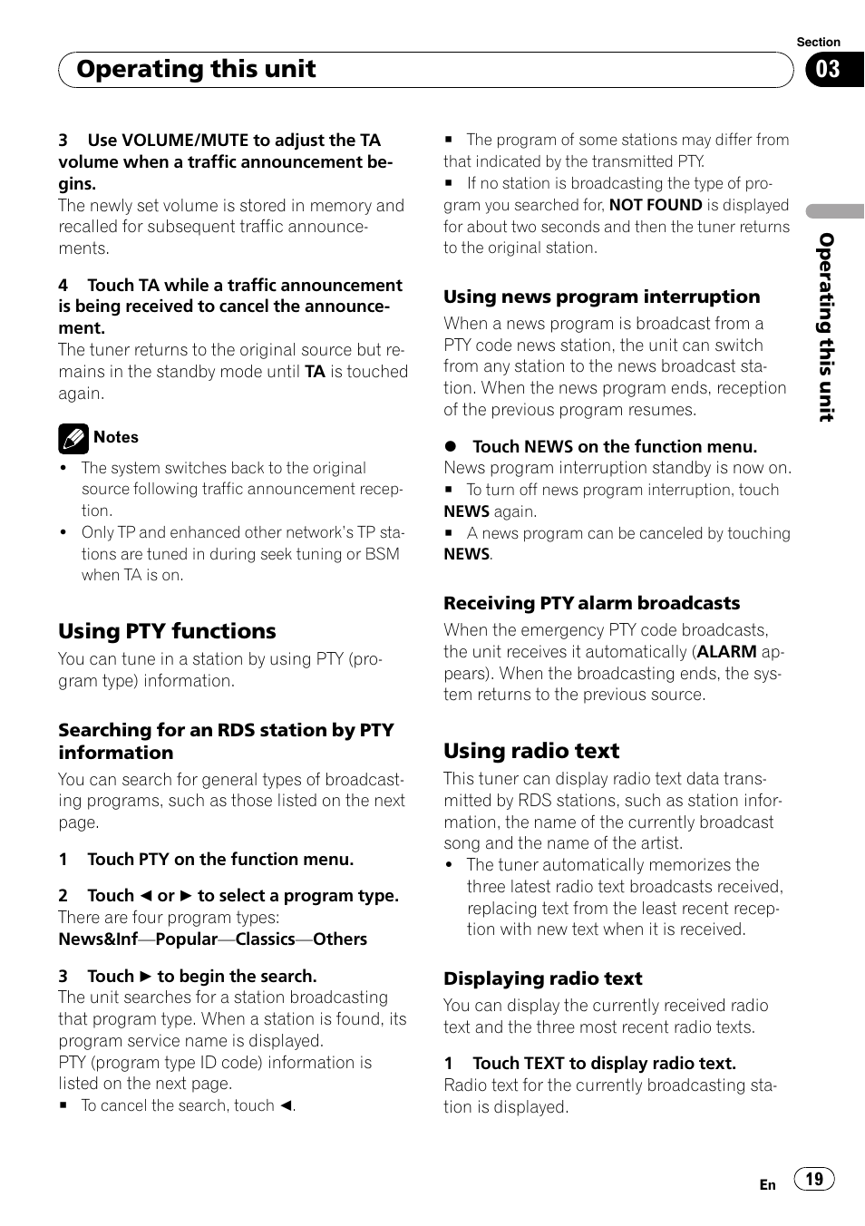 Using pty functions 19, Using radio text 19, Operating this unit | Using pty functions, Using radio text | Pioneer AVH-P4000DVD User Manual | Page 19 / 96