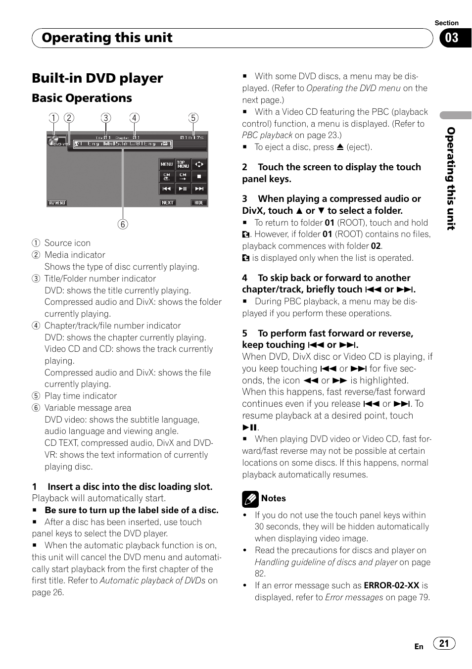 Built-in dvd player, Basic operations 21, Operating this unit | Pioneer AVH-P4000DVD User Manual | Page 21 / 96