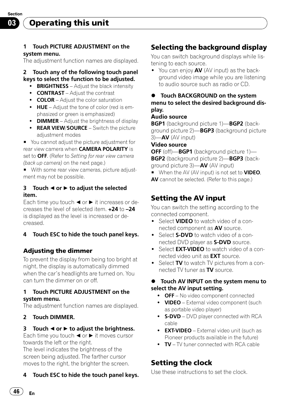 Selecting the background display 46, Setting the av input 46, Setting the clock 46 | Operating this unit, Selecting the background display, Setting the av input, Setting the clock | Pioneer AVH-P4000DVD User Manual | Page 46 / 96