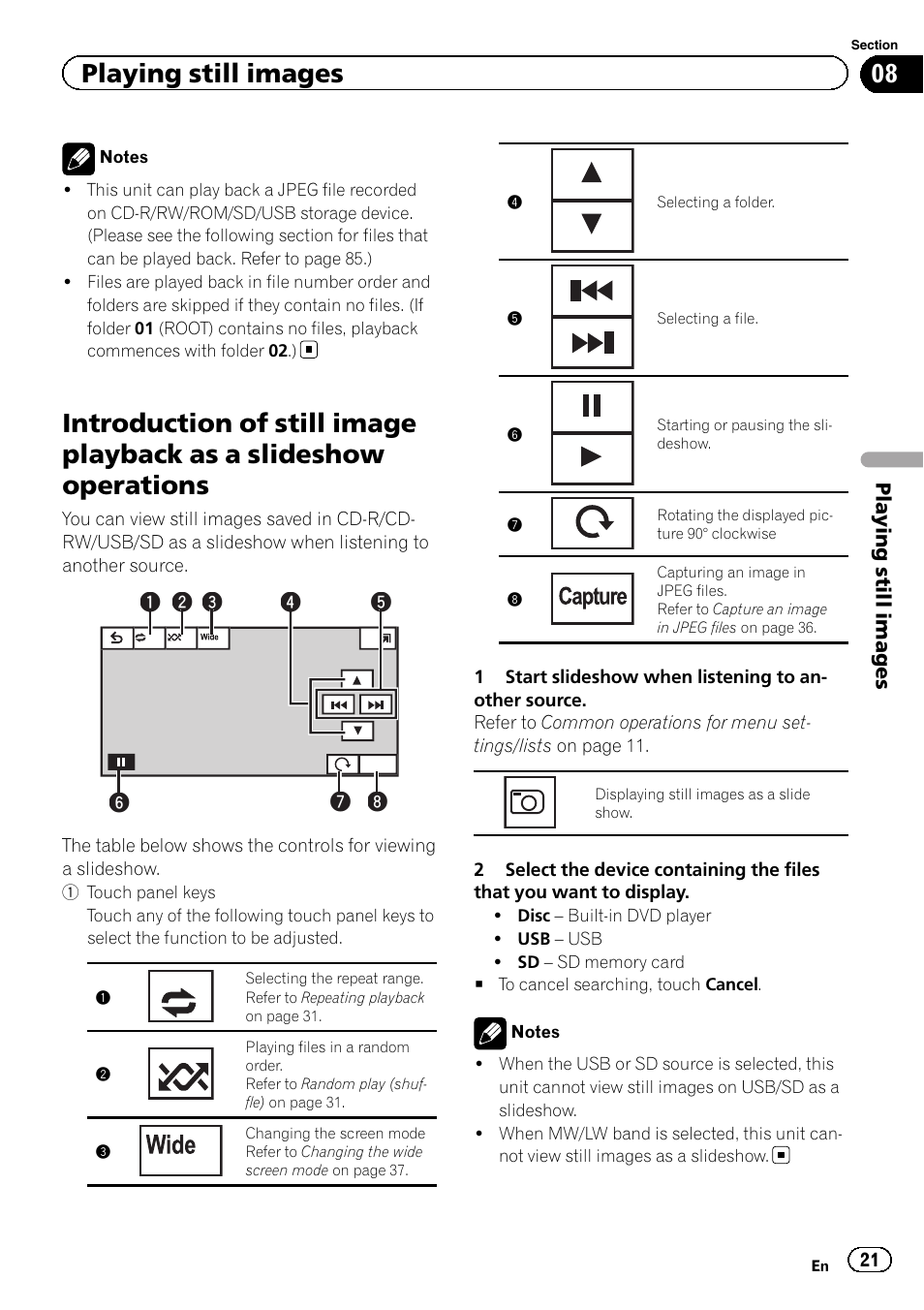 Introduction of still image playback as a, Slideshow operations, Playing still images | Pioneer AVH-P4200DVD User Manual | Page 21 / 96