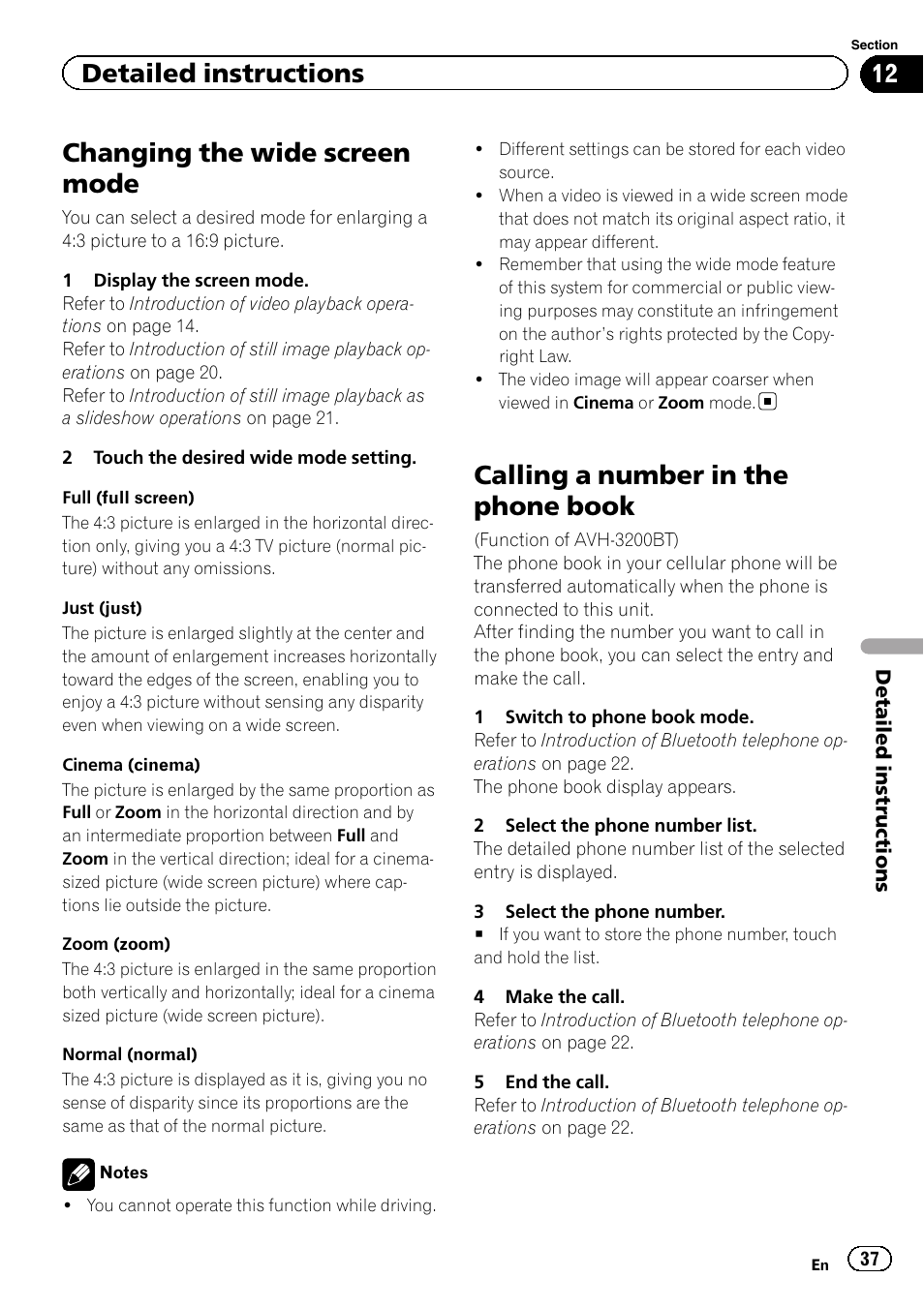 Changing the wide screen mode, Calling a number in the phone book, Detailed instructions | Pioneer AVH-P4200DVD User Manual | Page 37 / 96