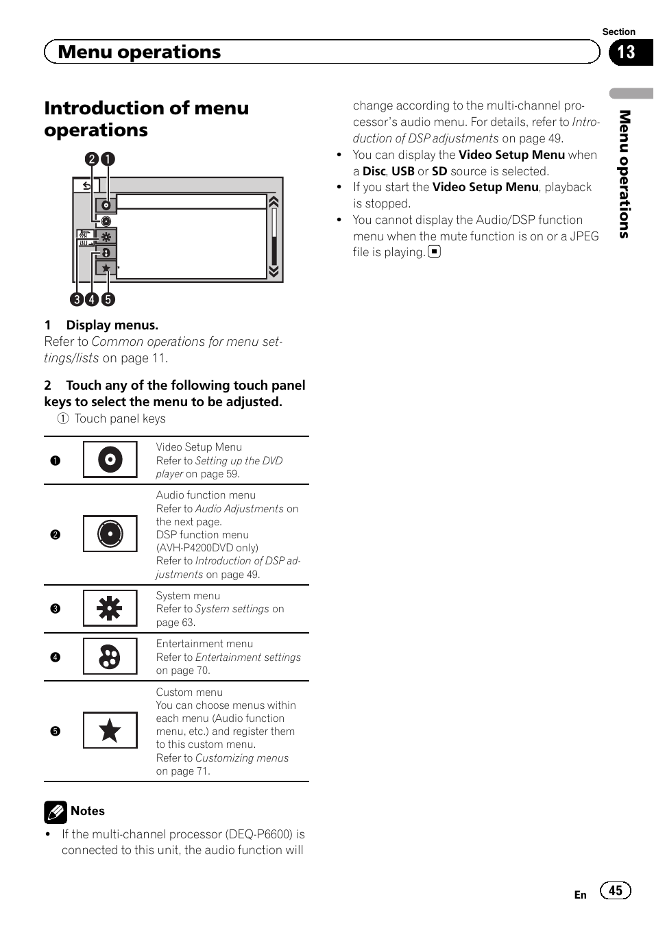 Menu operations introduction of menu operations, Introduction of menu operations, Menu operations | Pioneer AVH-P4200DVD User Manual | Page 45 / 96